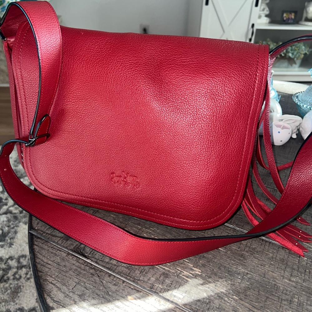 Authentic Coach Dakotah Leather Fringe Flap Crossbody in red pebbled leather!😍
